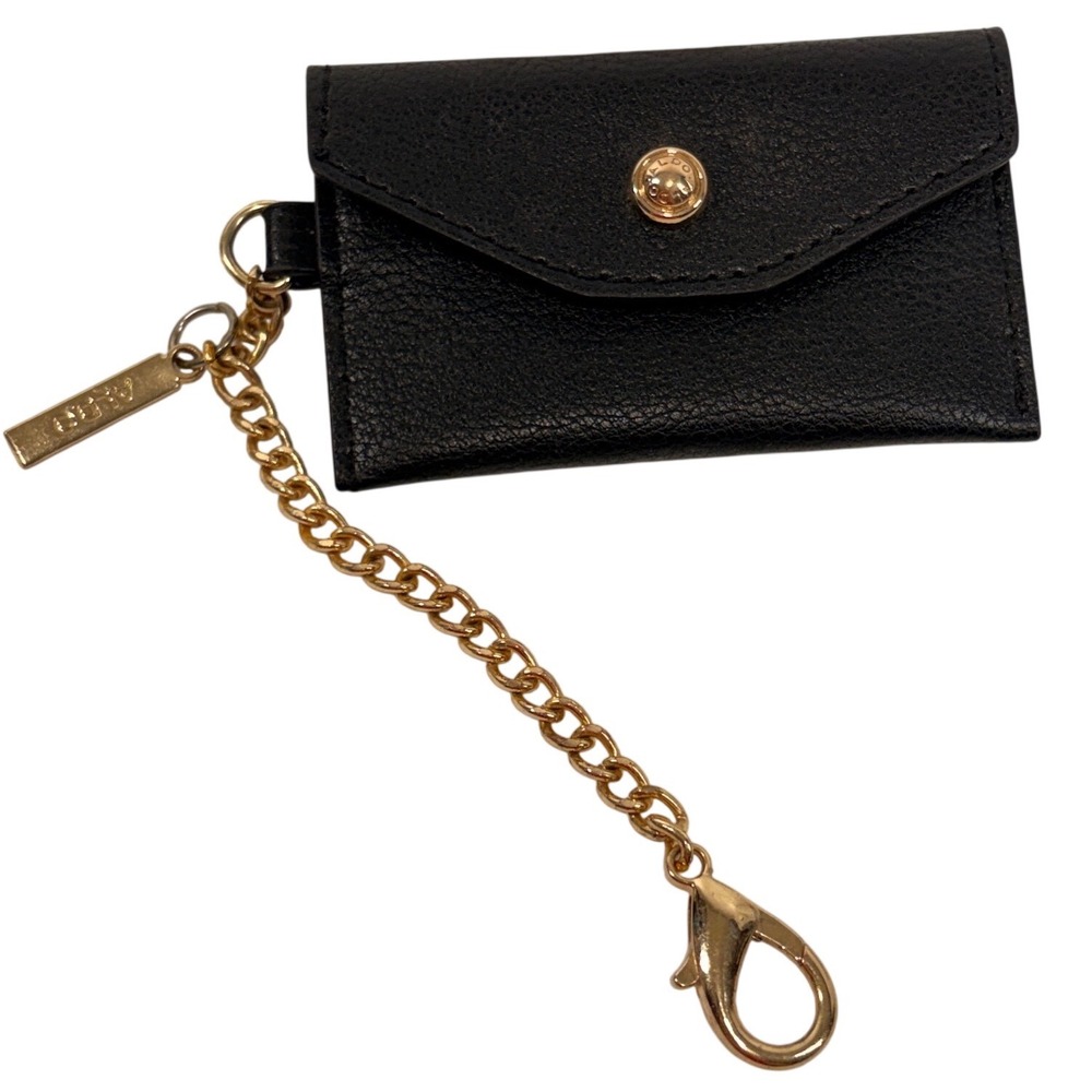Aldo Black Pebbled Faux Leather Envelope Card Holder Wallet with Gold Chain Clip